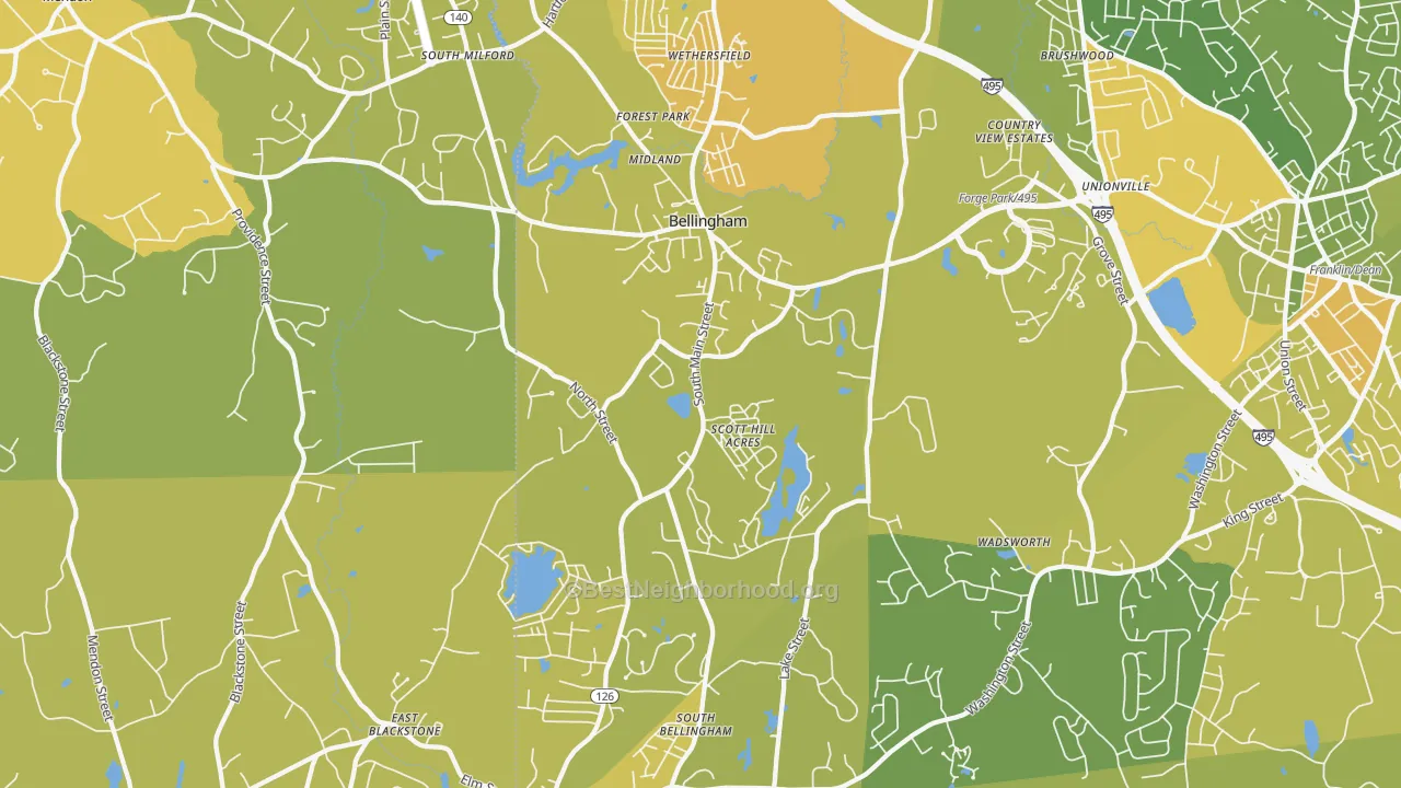 Map of the best neighborhoods in the 02019 area, with better matches in green and worse matches in red