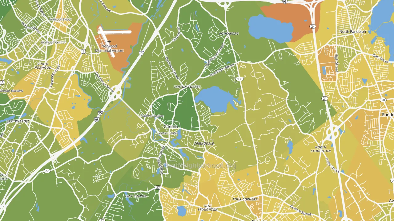 Map of the best neighborhoods in the 02021 area, with better matches in green and worse matches in red