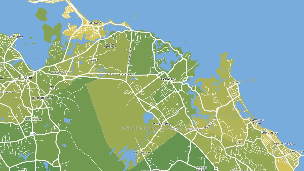 Map of the best neighborhoods in the 02025 area, with better matches in green and worse matches in red