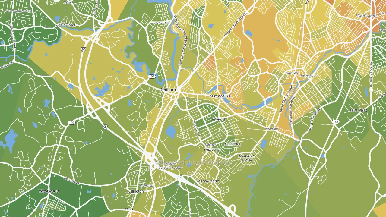 Map of the best neighborhoods in the 02026 area, with better matches in green and worse matches in red
