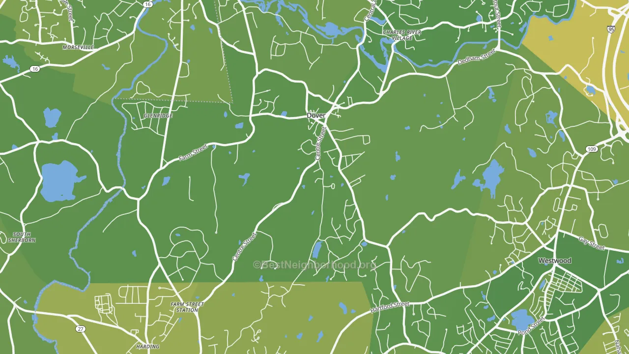 Map of the best neighborhoods in the 02030 area, with better matches in green and worse matches in red