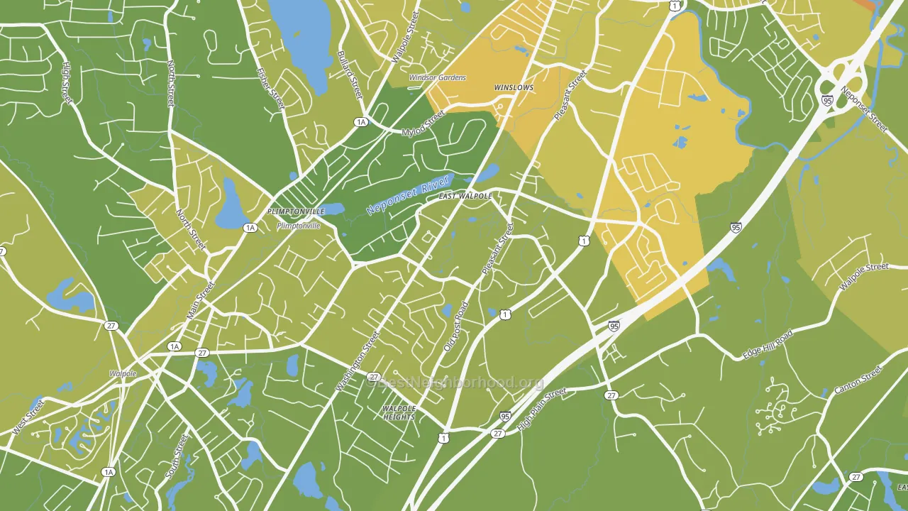Map of the best neighborhoods in the 02032 area, with better matches in green and worse matches in red
