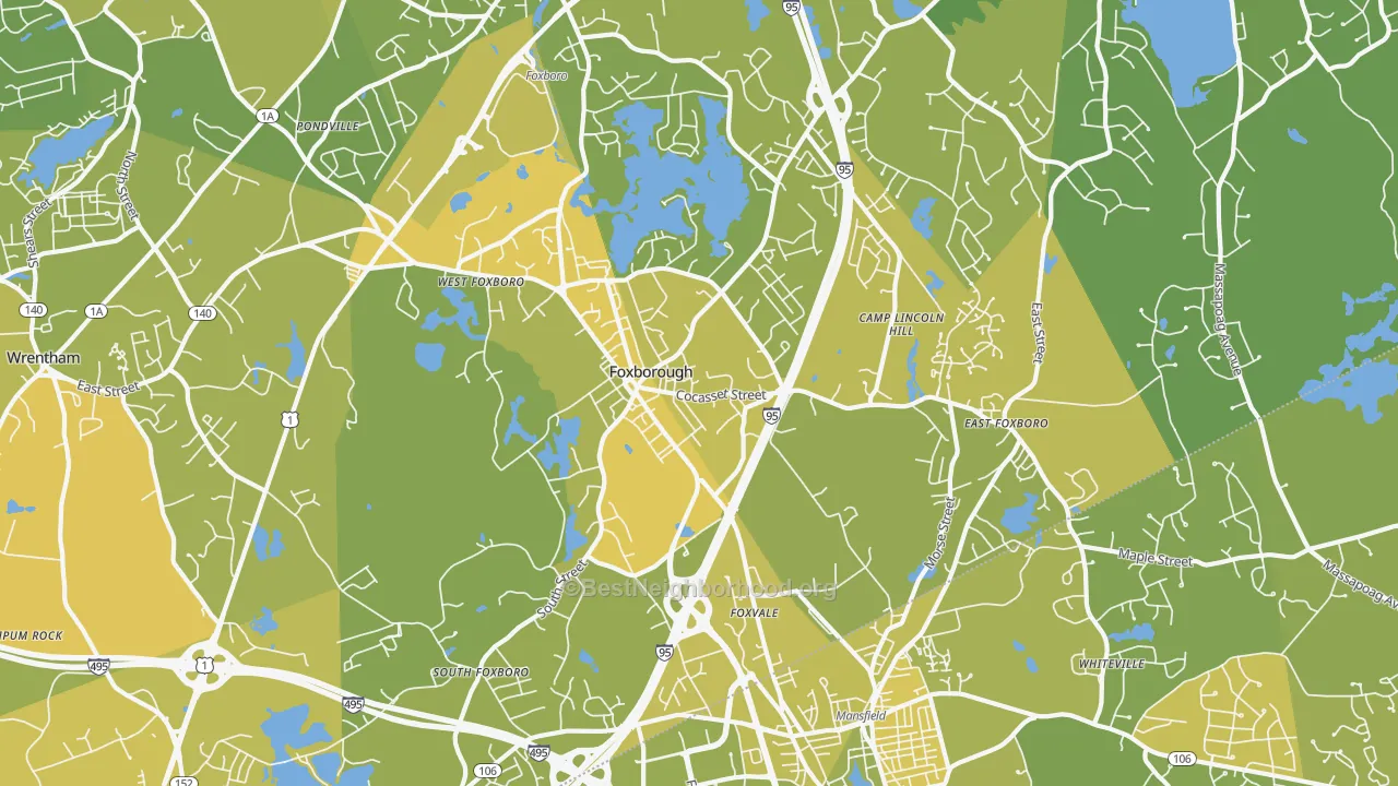 Map of the best neighborhoods in the 02035 area, with better matches in green and worse matches in red