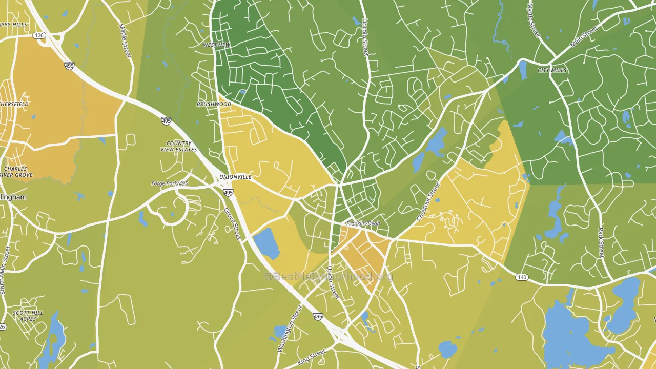 Map of the best neighborhoods in the 02038 area, with better matches in green and worse matches in red