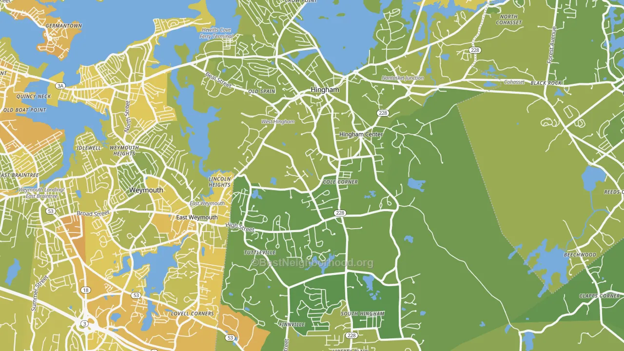 Map of the best neighborhoods in the 02043 area, with better matches in green and worse matches in red