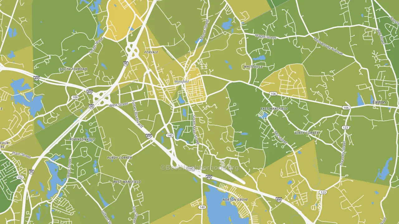 Map of the best neighborhoods in the 02048 area, with better matches in green and worse matches in red