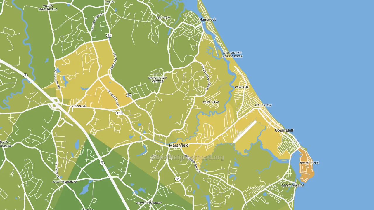 Map of the best neighborhoods in the 02050 area, with better matches in green and worse matches in red
