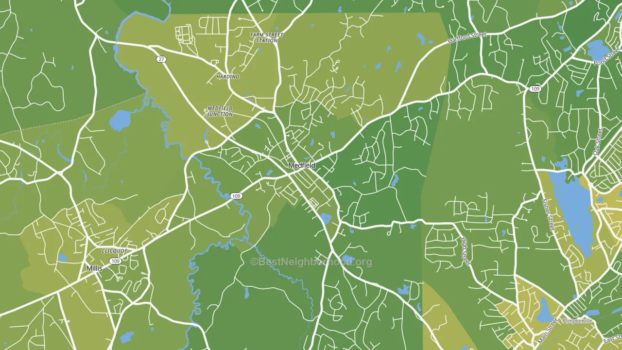 Map of the best neighborhoods in the 02052 area, with better matches in green and worse matches in red