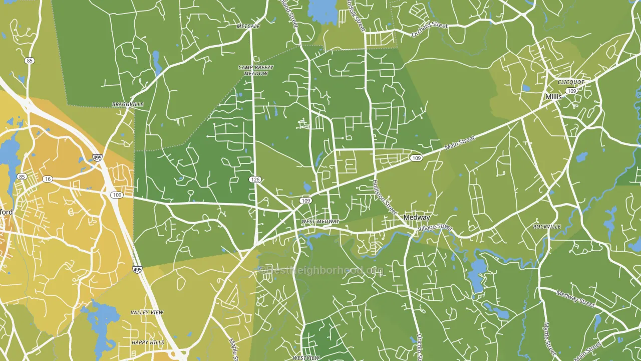 Map of the best neighborhoods in the 02053 area, with better matches in green and worse matches in red