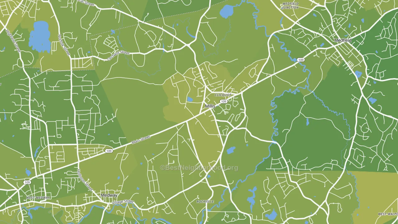 Map of the best neighborhoods in the 02054 area, with better matches in green and worse matches in red