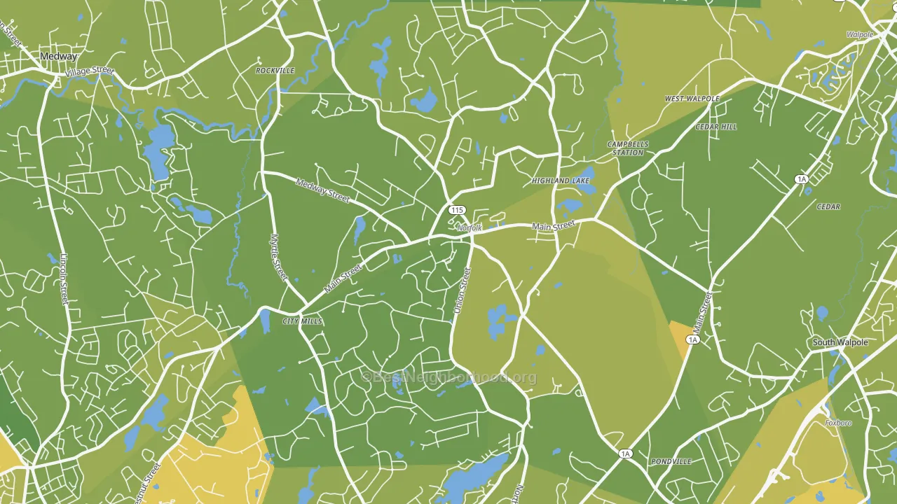Map of the best neighborhoods in the 02056 area, with better matches in green and worse matches in red