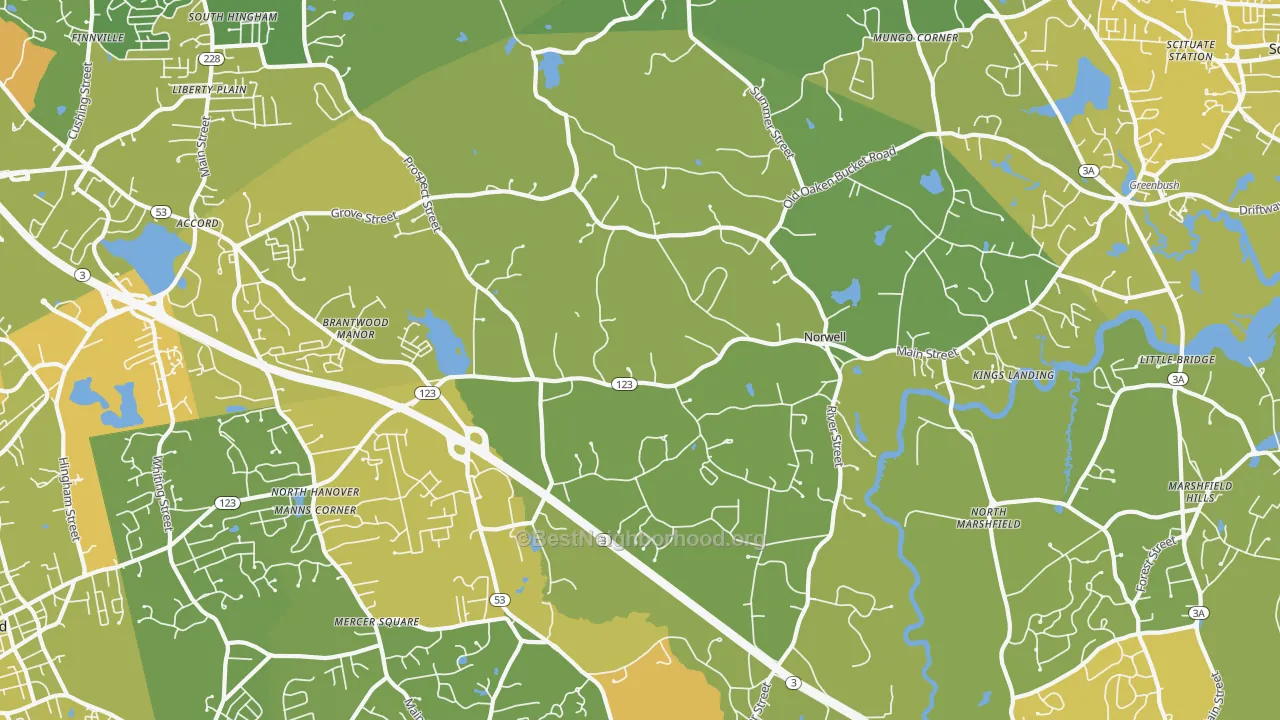 Map of the best neighborhoods in the 02061 area, with better matches in green and worse matches in red