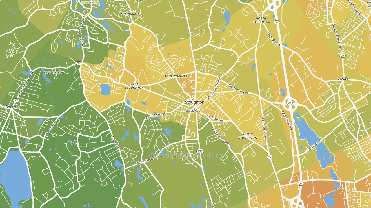 Map of the best neighborhoods in the 02072 area, with better matches in green and worse matches in red