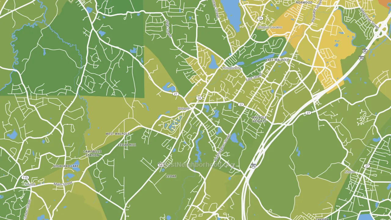 Map of the best neighborhoods in the 02081 area, with better matches in green and worse matches in red