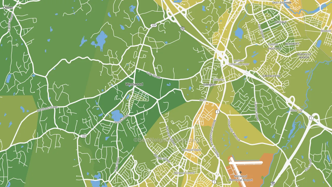 Map of the best neighborhoods in the 02090 area, with better matches in green and worse matches in red