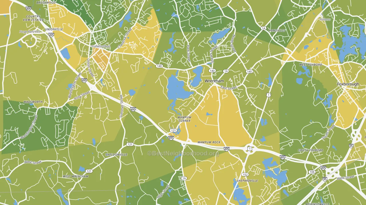 Map of the best neighborhoods in the 02093 area, with better matches in green and worse matches in red