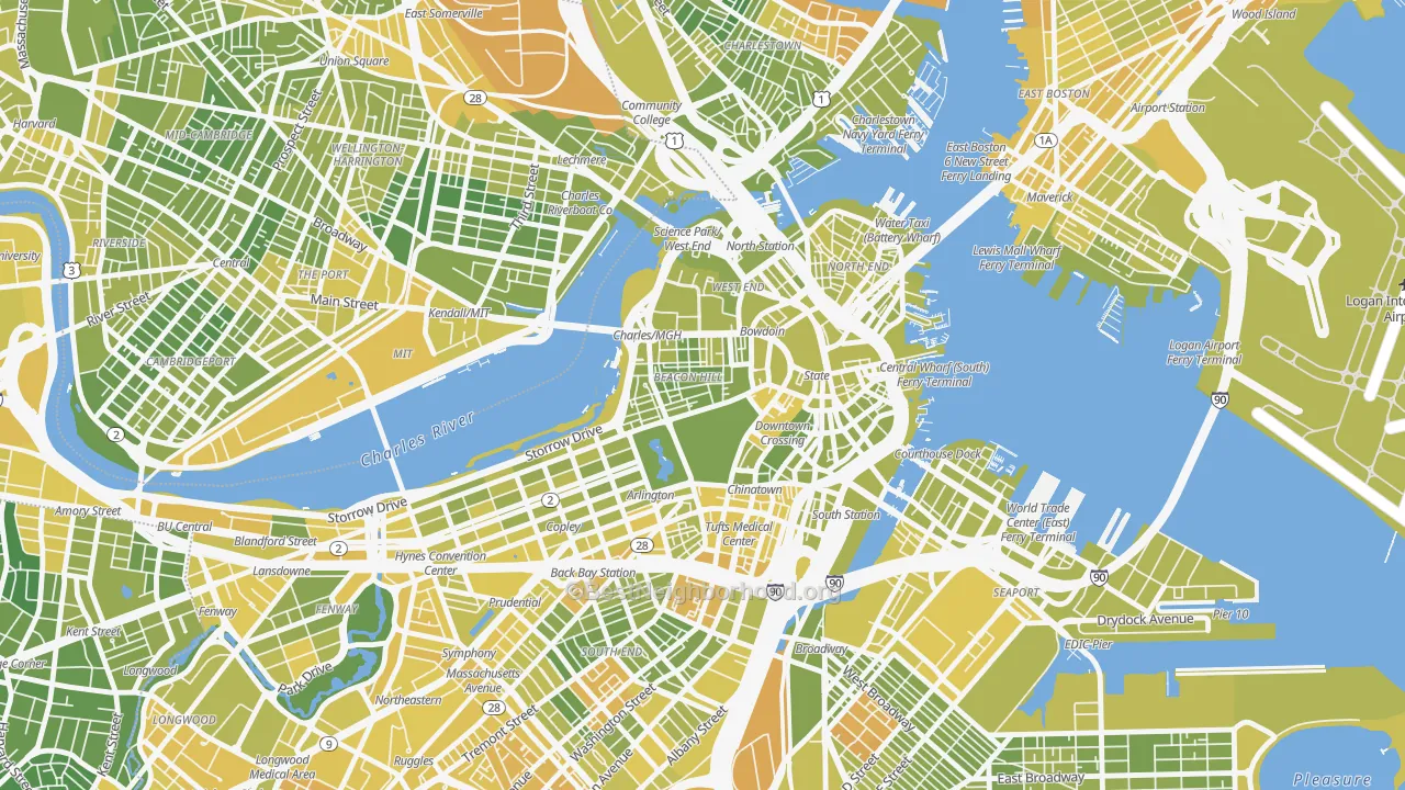 Map of the best neighborhoods in the 02108 area, with better matches in green and worse matches in red