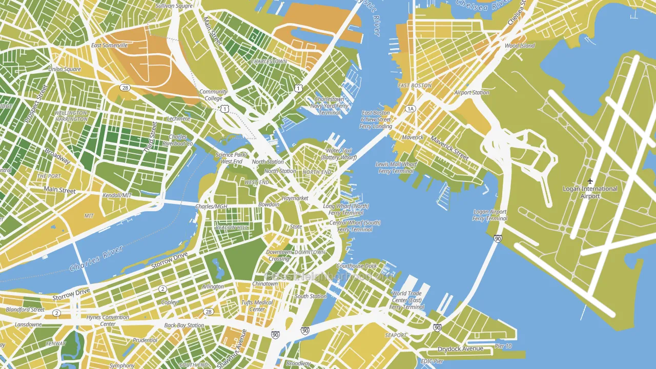 Map of the best neighborhoods in the 02109 area, with better matches in green and worse matches in red