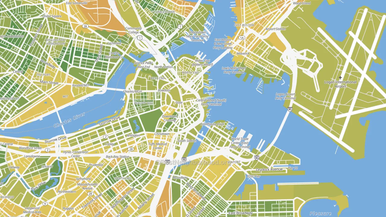 Map of the best neighborhoods in the 02110 area, with better matches in green and worse matches in red