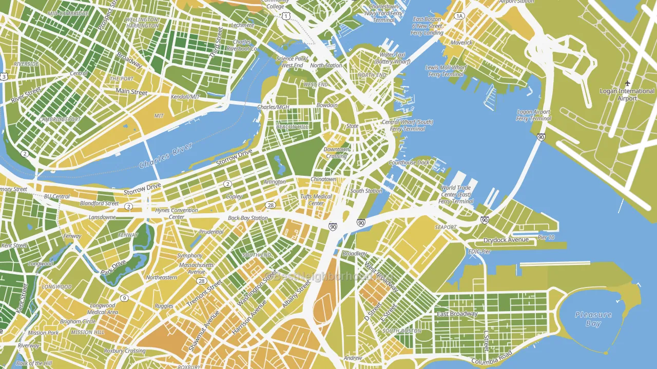 Map of the best neighborhoods in the 02111 area, with better matches in green and worse matches in red