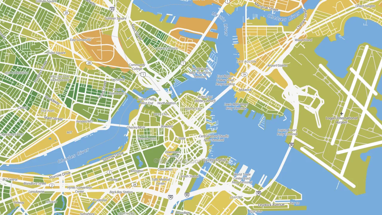 Map of the best neighborhoods in the 02113 area, with better matches in green and worse matches in red