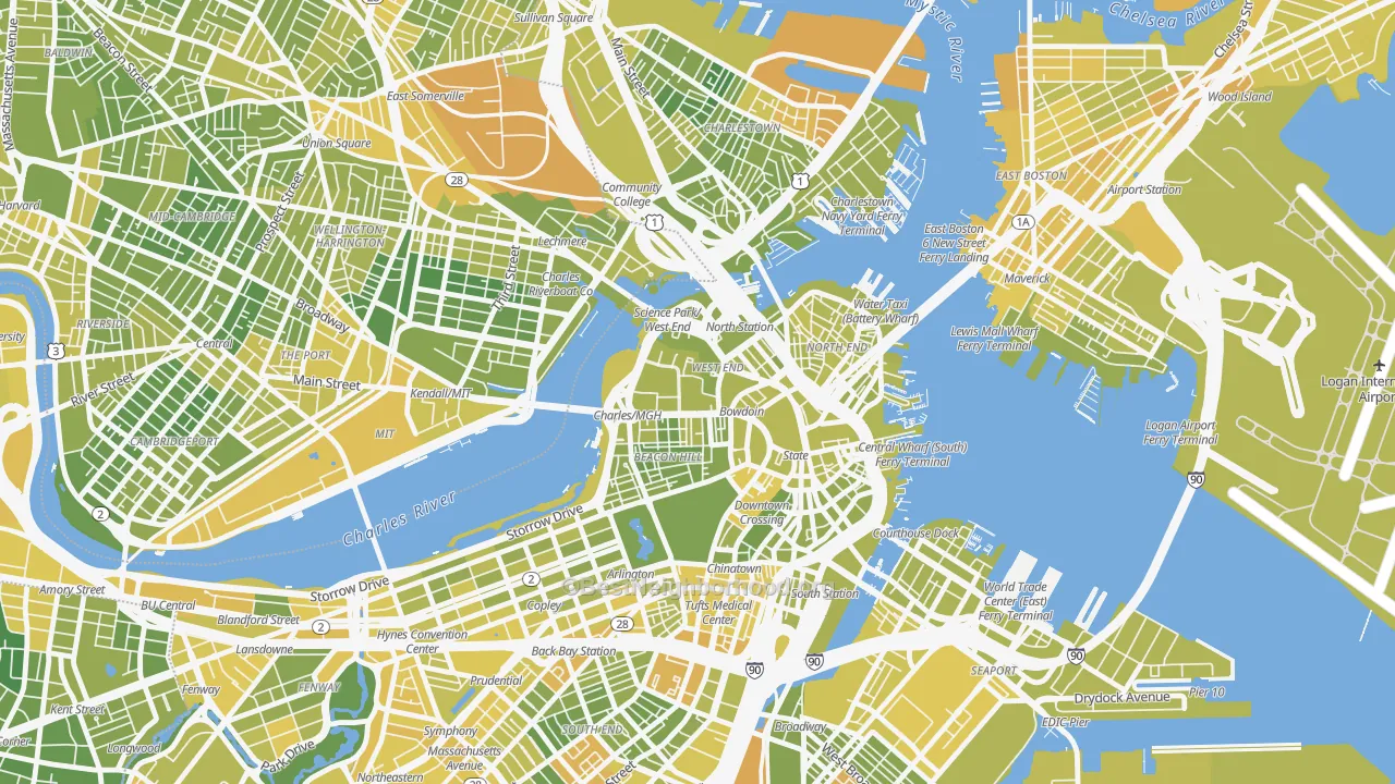 Map of the best neighborhoods in the 02114 area, with better matches in green and worse matches in red