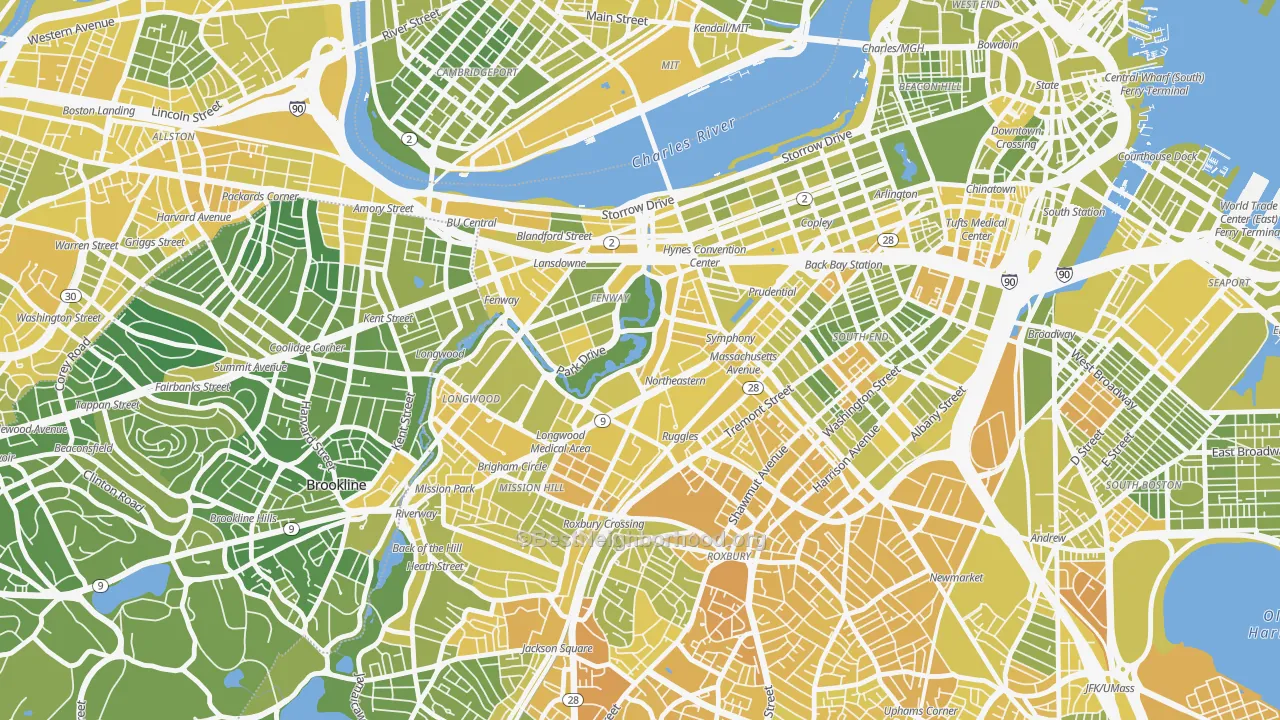 Map of the best neighborhoods in the 02115 area, with better matches in green and worse matches in red