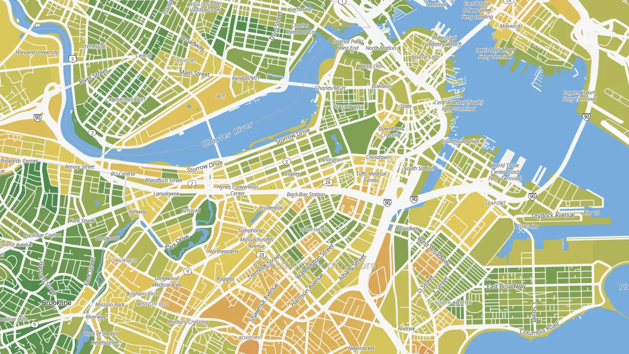 Map of the best neighborhoods in the 02116 area, with better matches in green and worse matches in red