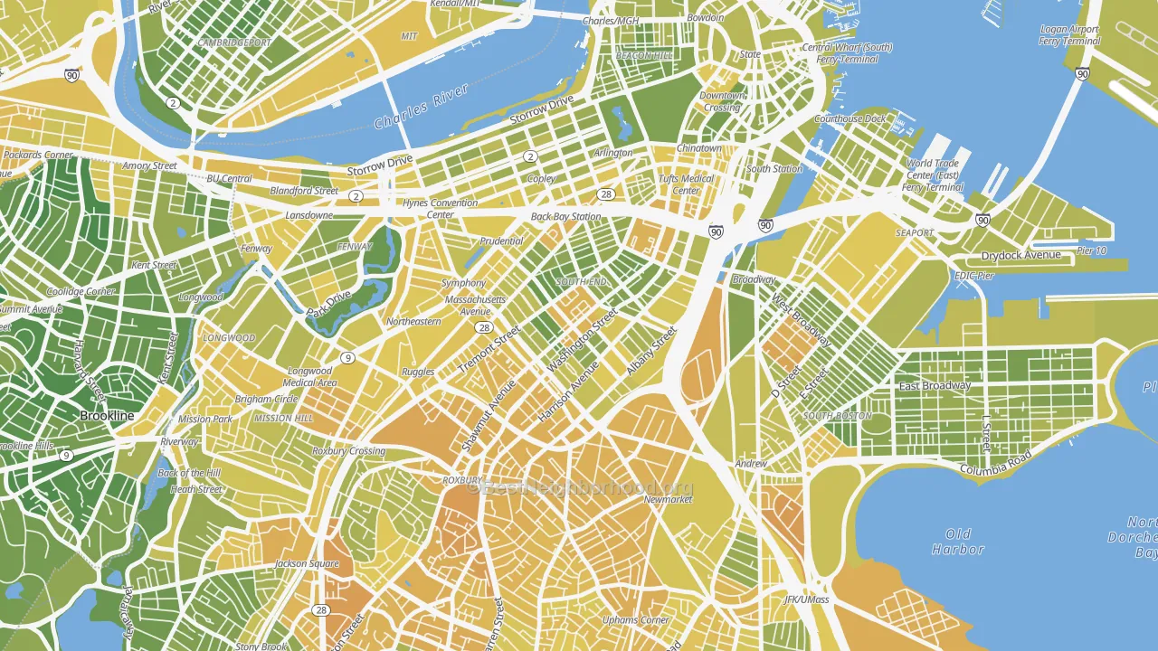 Map of the best neighborhoods in the 02118 area, with better matches in green and worse matches in red