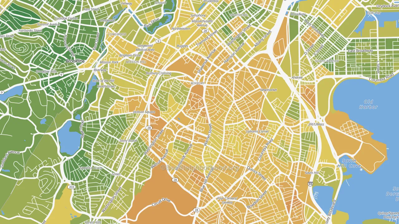 Map of the best neighborhoods in the 02119 area, with better matches in green and worse matches in red