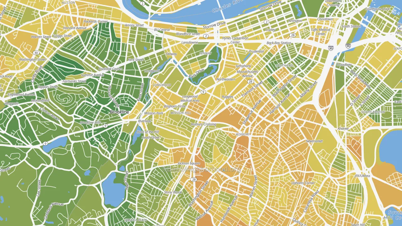 Map of the best neighborhoods in the 02120 area, with better matches in green and worse matches in red
