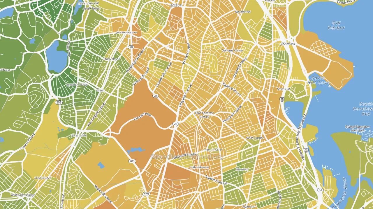 Map of the best neighborhoods in the 02121 area, with better matches in green and worse matches in red