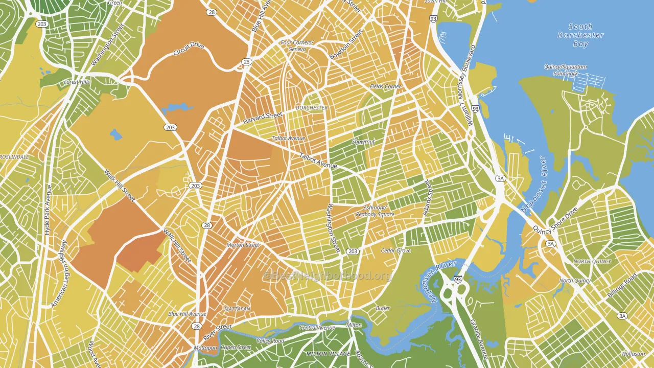 Map of the best neighborhoods in the 02124 area, with better matches in green and worse matches in red