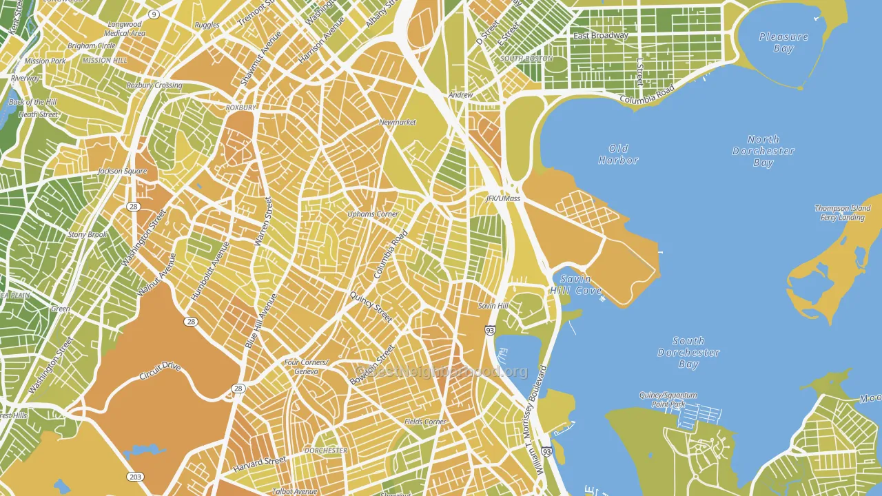 Map of the best neighborhoods in the 02125 area, with better matches in green and worse matches in red