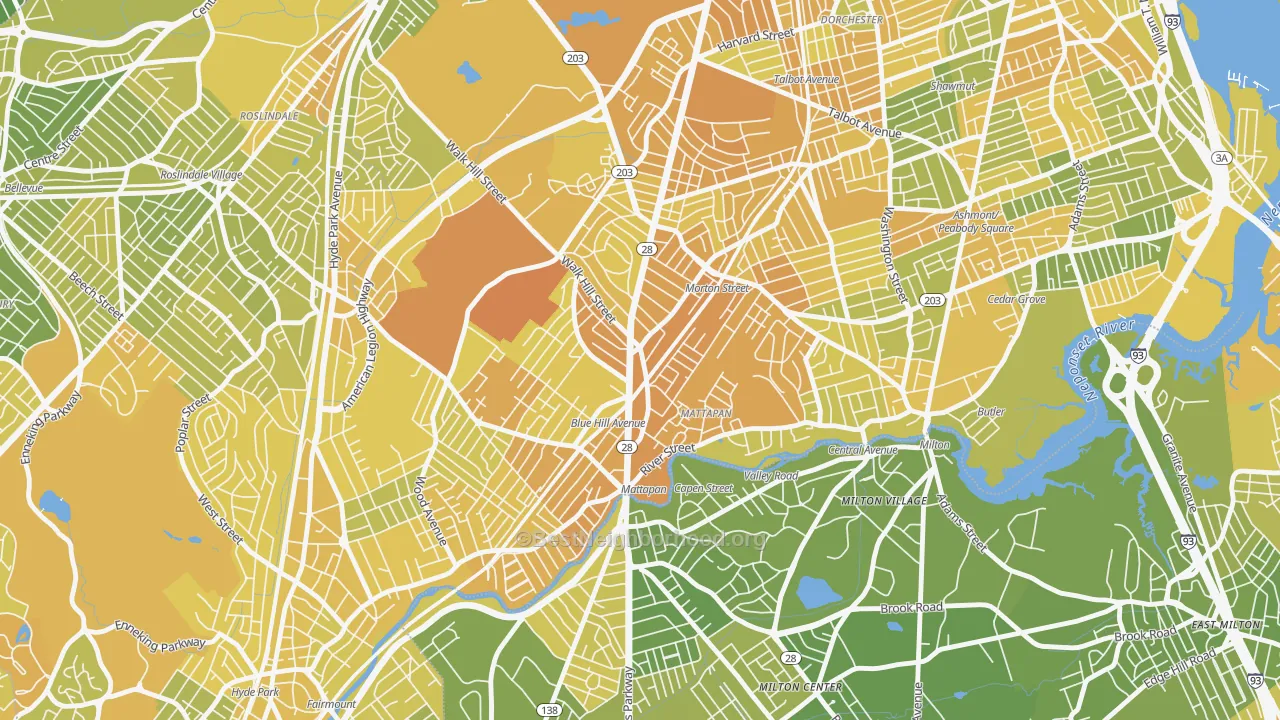 Map of the best neighborhoods in the 02126 area, with better matches in green and worse matches in red