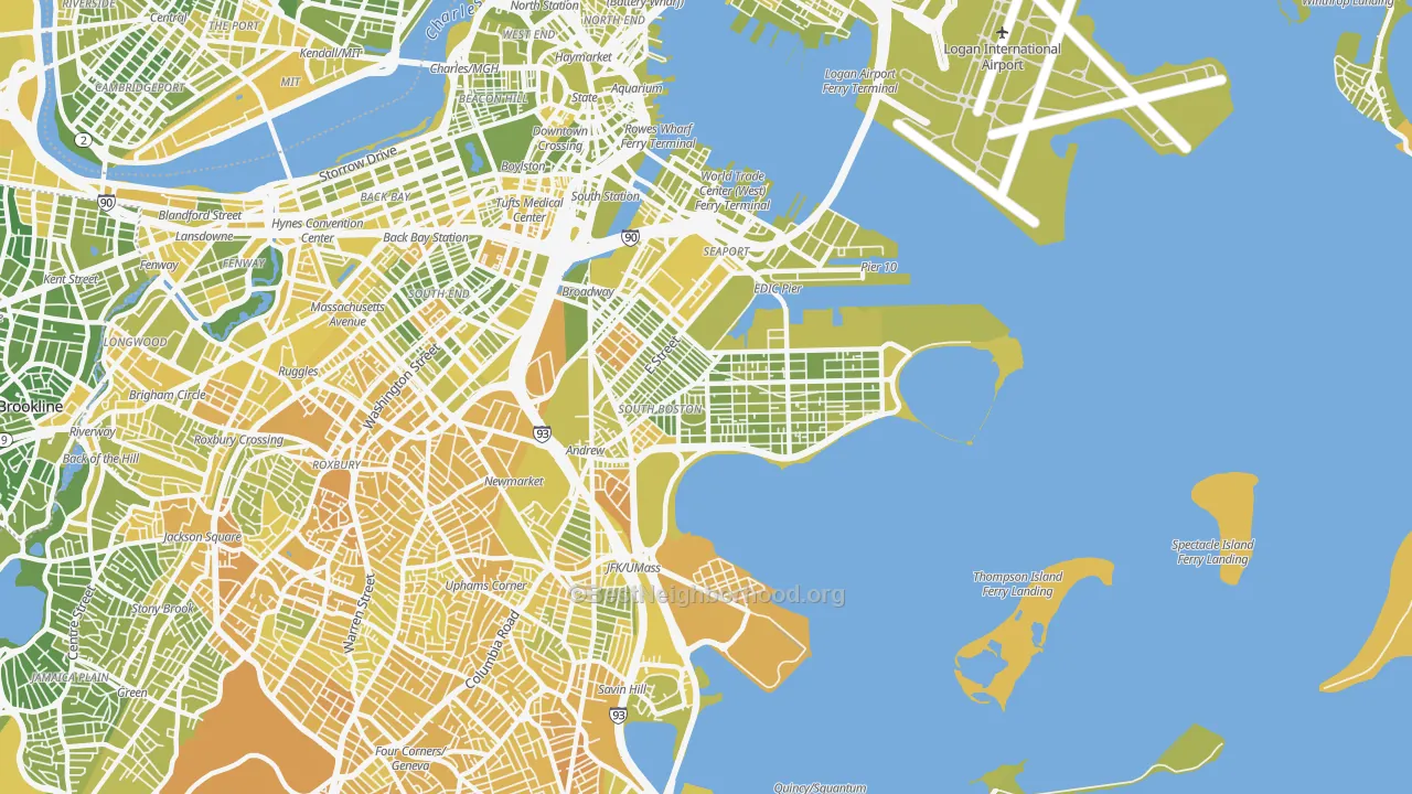Map of the best neighborhoods in the 02127 area, with better matches in green and worse matches in red