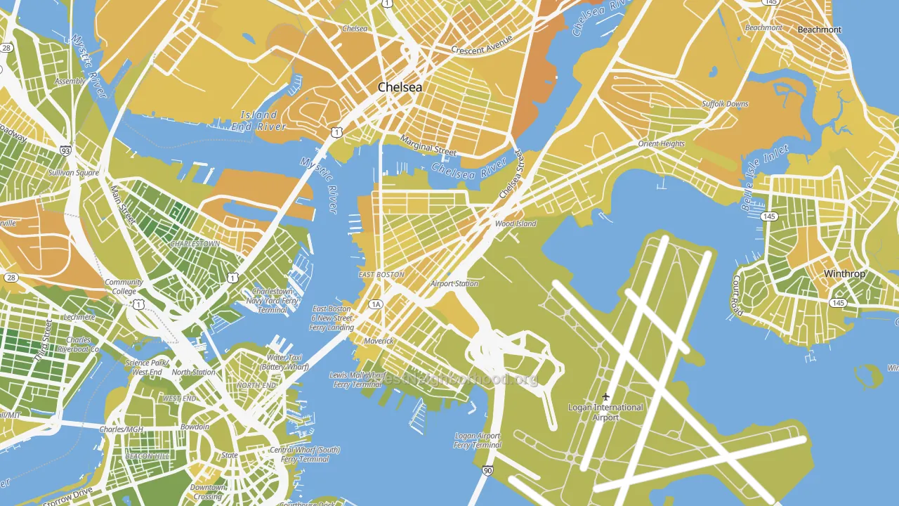 Map of the best neighborhoods in the 02128 area, with better matches in green and worse matches in red