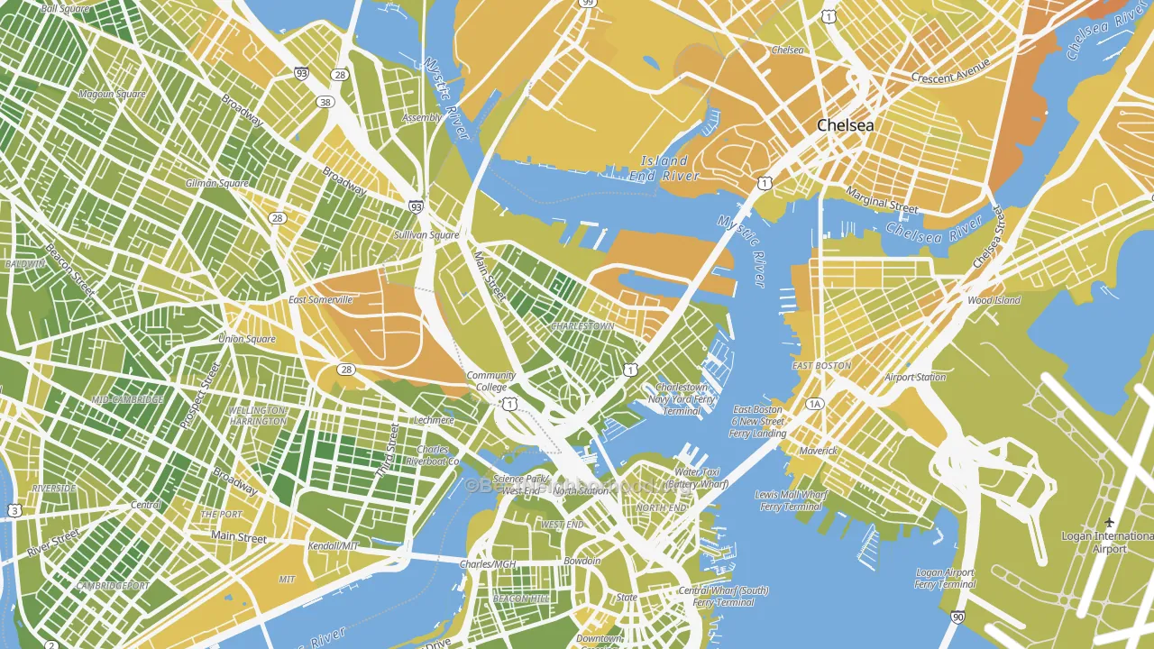 Map of the best neighborhoods in the 02129 area, with better matches in green and worse matches in red