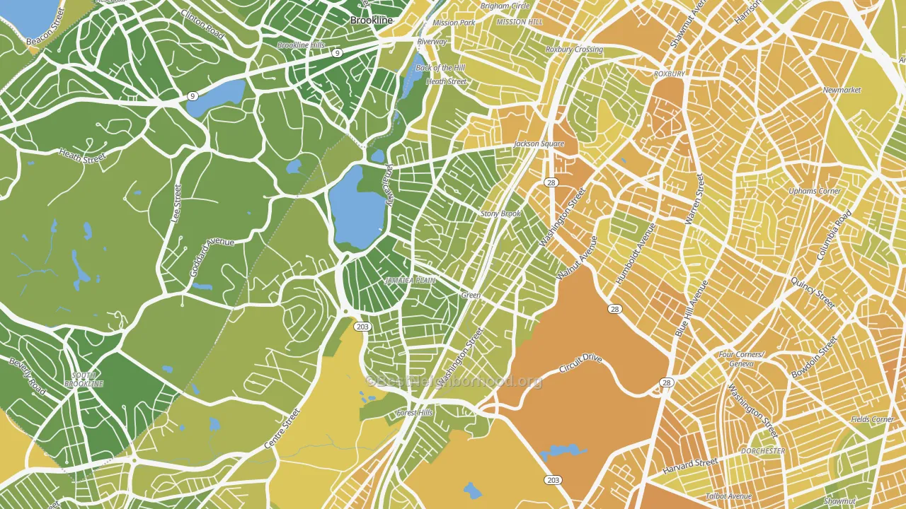 Map of the best neighborhoods in the 02130 area, with better matches in green and worse matches in red