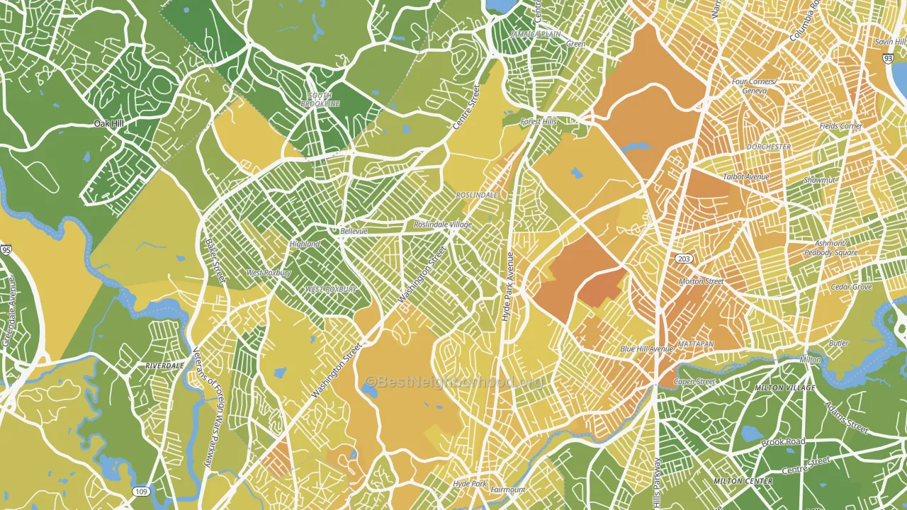 Map of the best neighborhoods in the 02131 area, with better matches in green and worse matches in red