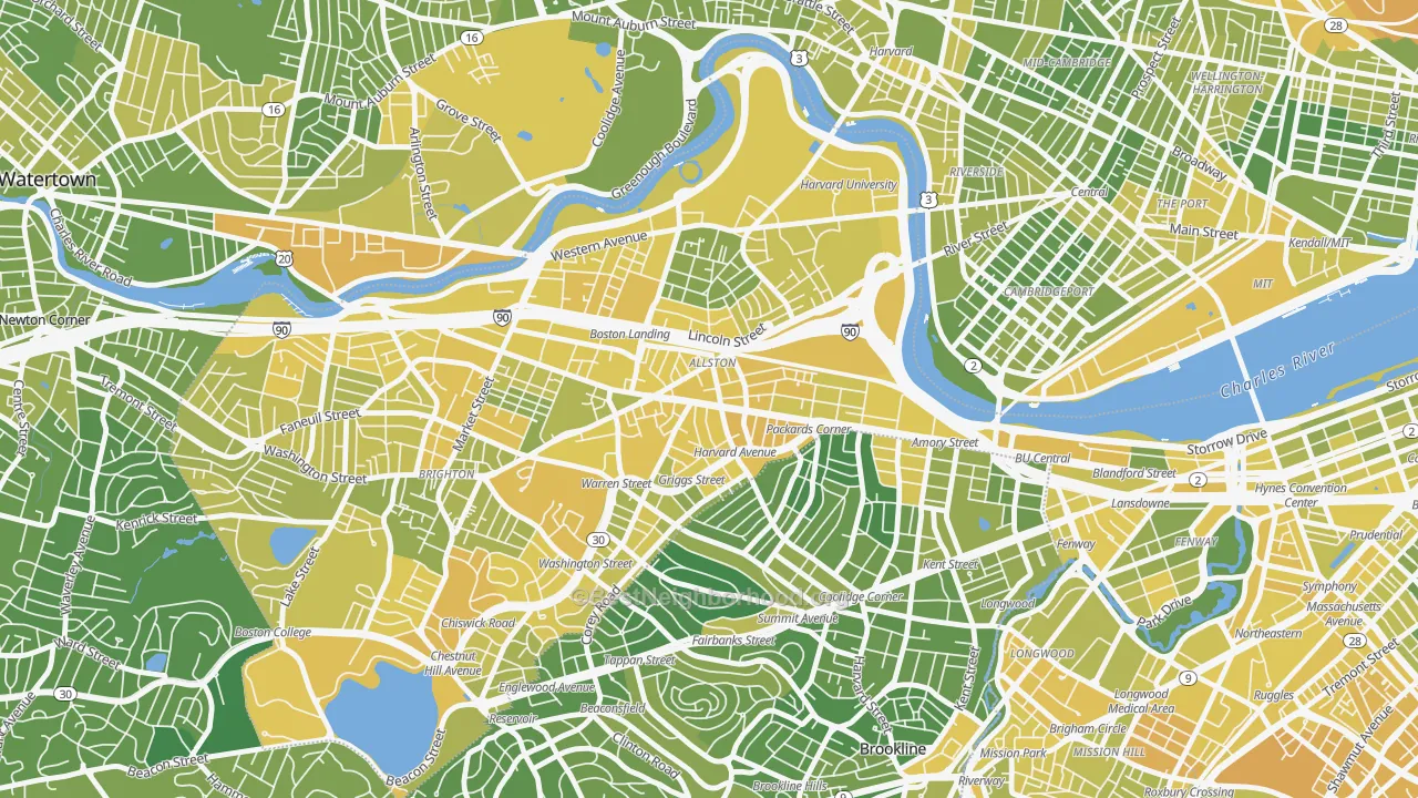 Map of the best neighborhoods in the 02134 area, with better matches in green and worse matches in red