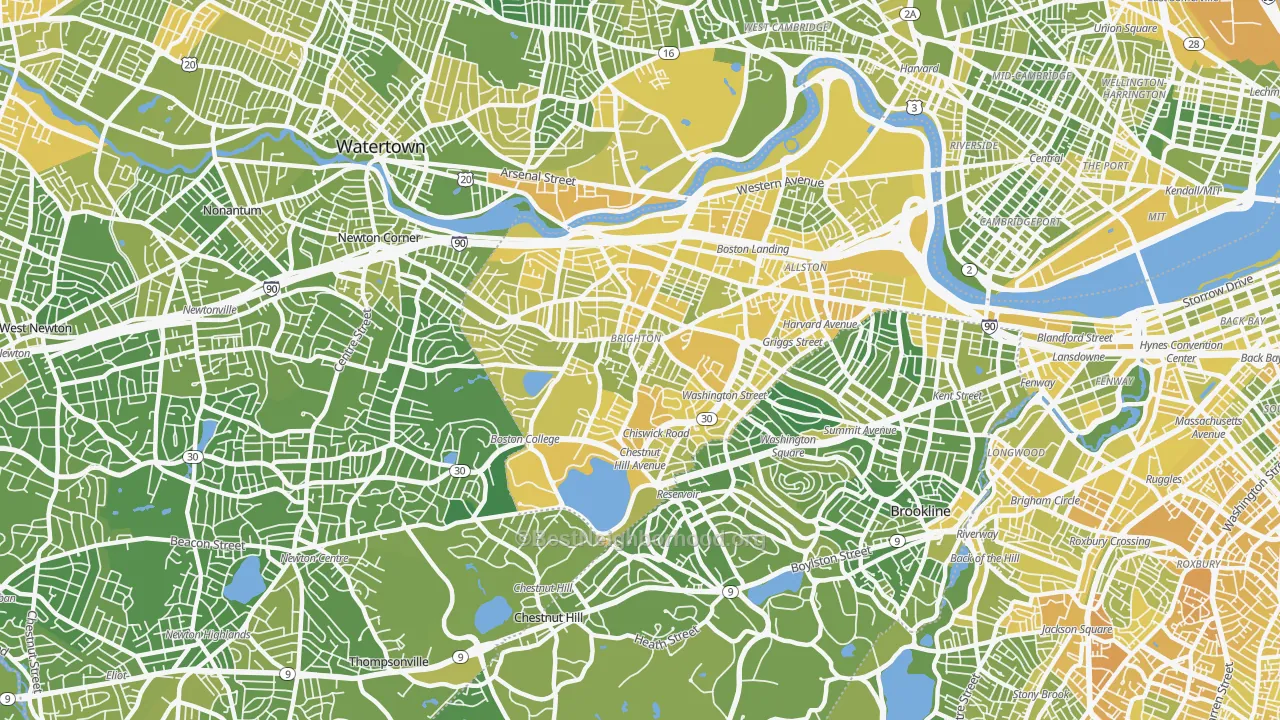 Map of the best neighborhoods in the 02135 area, with better matches in green and worse matches in red