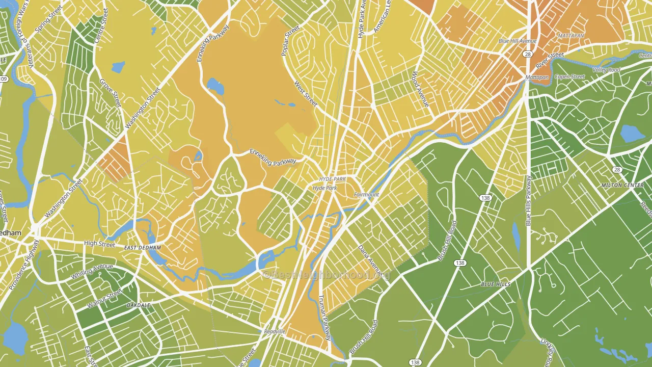 Map of the best neighborhoods in the 02136 area, with better matches in green and worse matches in red