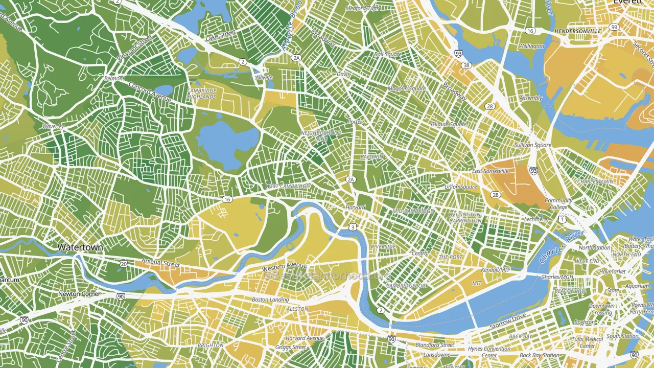 Map of the best neighborhoods in the 02138 area, with better matches in green and worse matches in red