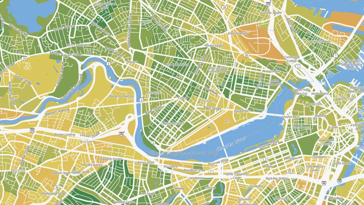 Map of the best neighborhoods in the 02139 area, with better matches in green and worse matches in red