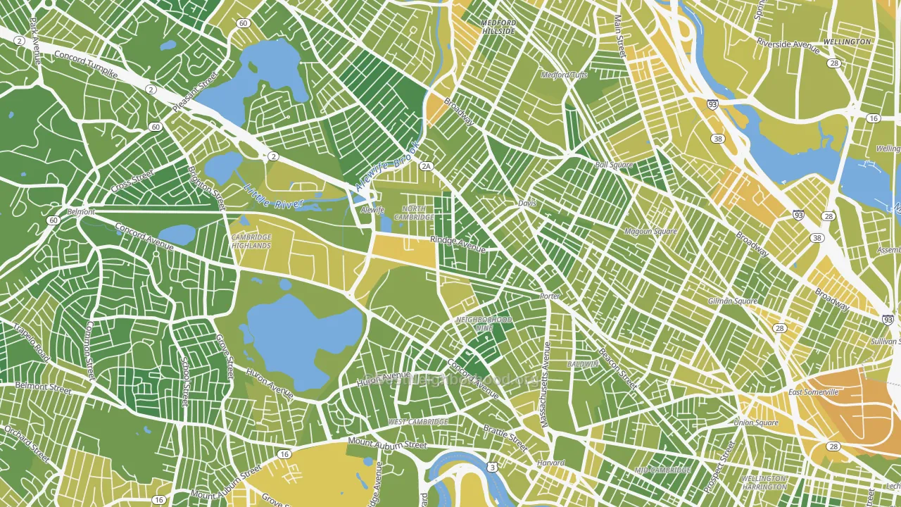 Map of the best neighborhoods in the 02140 area, with better matches in green and worse matches in red