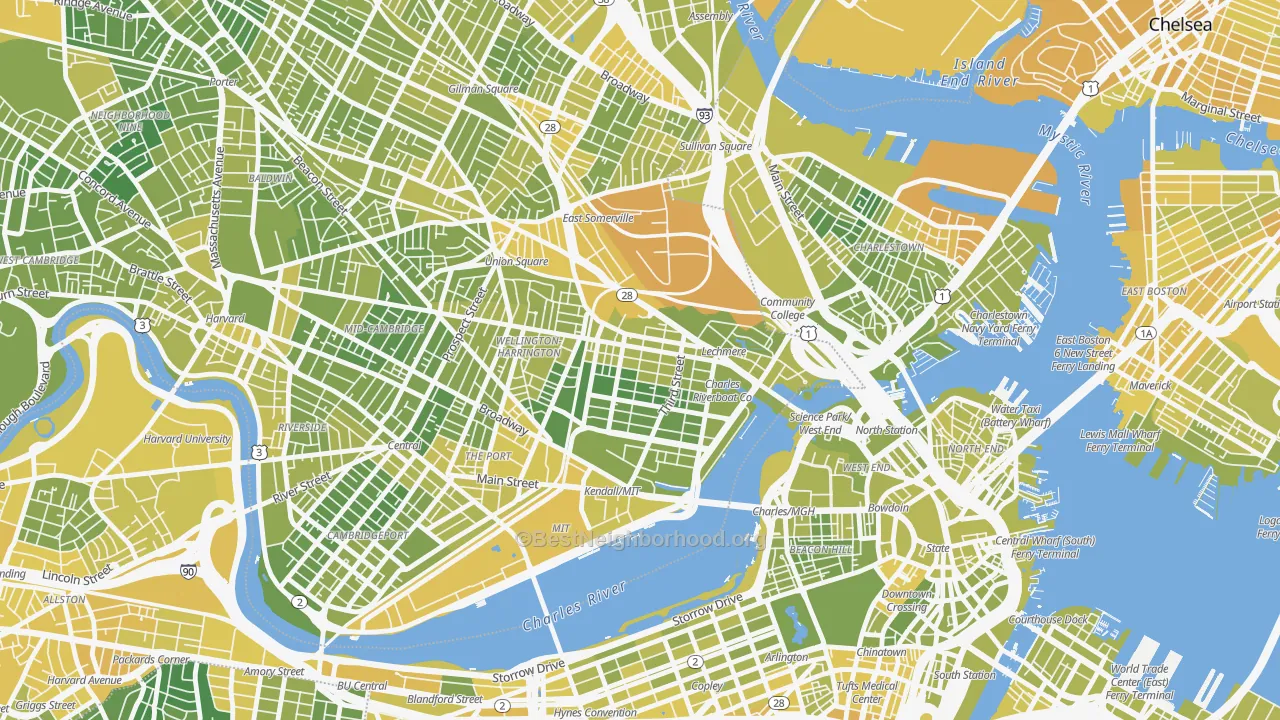 Map of the best neighborhoods in the 02141 area, with better matches in green and worse matches in red