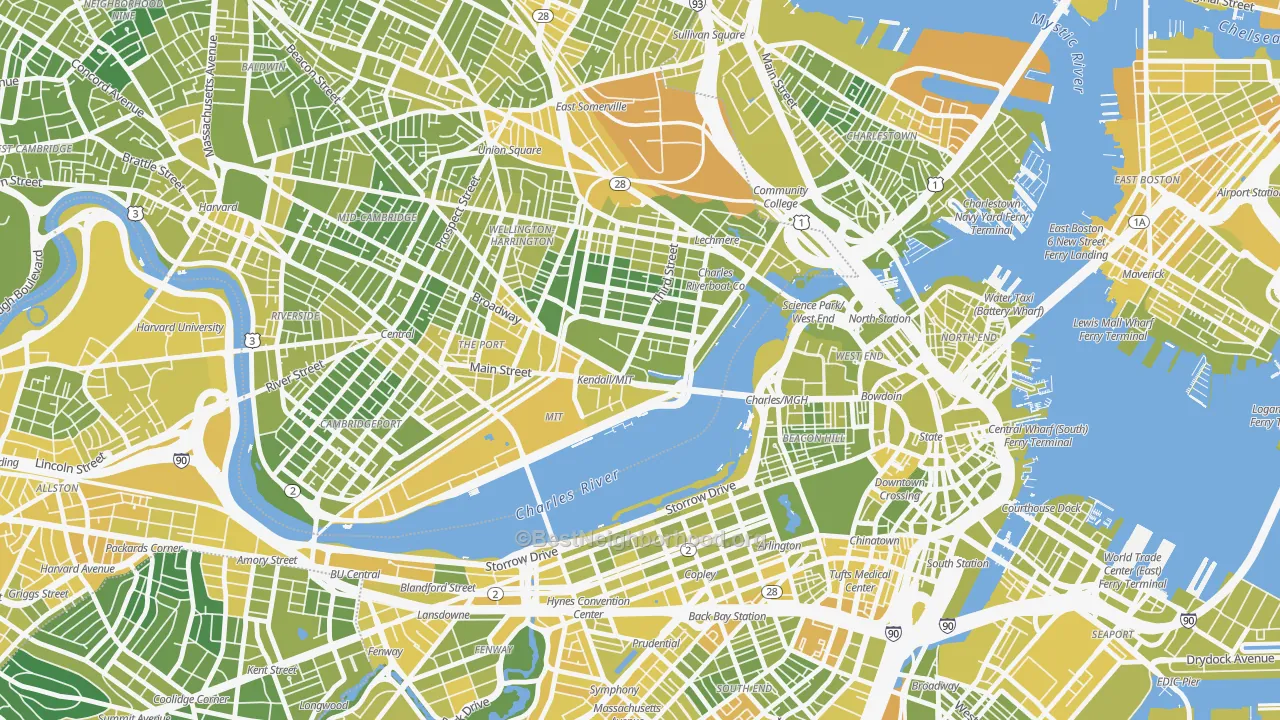 Map of the best neighborhoods in the 02142 area, with better matches in green and worse matches in red