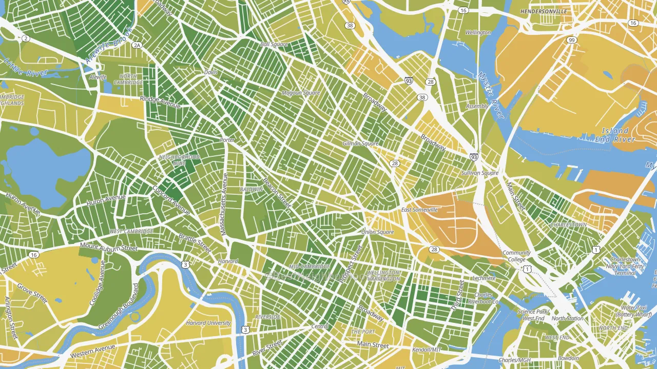 Map of the best neighborhoods in the 02143 area, with better matches in green and worse matches in red