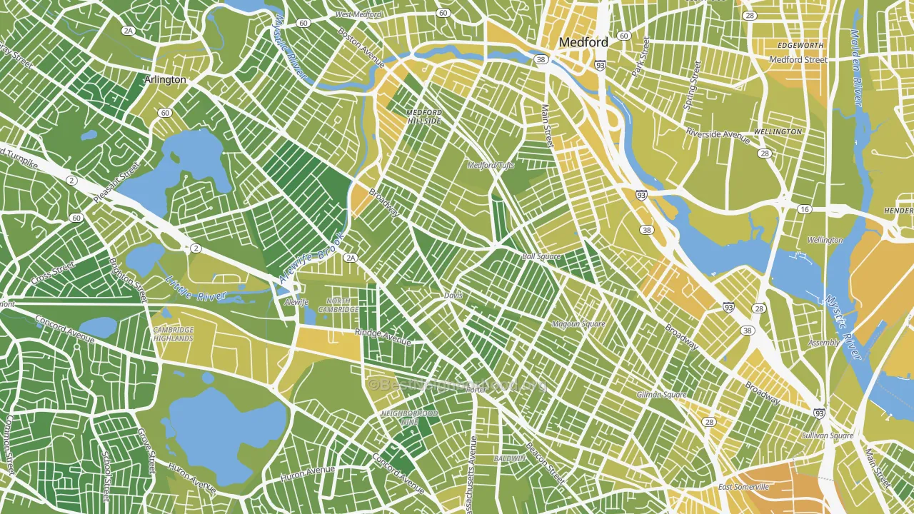 Map of the best neighborhoods in the 02144 area, with better matches in green and worse matches in red